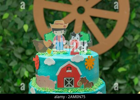 Theme De La Ferme Garcon Gateau D Anniversaire Magnifique Gateau Decore Fermier Grange Ane Vache Et Poulet Mise Au Point Selective Fete Anniversaire 2 Ans Photo Stock Alamy