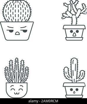 Cactus cute kawaii caractères linéaires. Les plantes avec des visages tristes. Le baril en colère cactus. Tuyau d'orgue heureux cactus. Accueil cactus dans pot. Fine ligne icon set. Vec Illustration de Vecteur