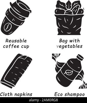 Swaps zéro déchet glyphe fait main icons set. Eco Friendly, recycler les produits, matériaux. Tasse à café réutilisable eco, shampoing, serviettes en tissu. Silhouette symb Illustration de Vecteur