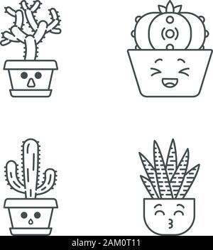 Cactus cute kawaii caractères linéaires. Éléphant feutrée des cactus. Rire peyote avec visage triste. Kissing zebra accueil cactus. Fine ligne icon set. Vec Illustration de Vecteur