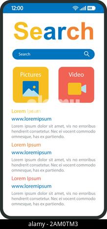 Recherche Internet smartphone interface vector modèle. Page de l'application Mobile blanc design mise en page. Navigateur, une barre de recherche en ligne écran. L'interface utilisateur pour l'application. Télévision Illustration de Vecteur