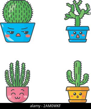 Cactus cute kawaii vector caractères. Les plantes avec des visages tristes. Le baril en colère cactus. Tuyau d'orgue heureux cactus dans pot. Teddy bear cholla. Emoji drôles, emo Illustration de Vecteur