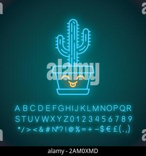 Kawaii cute Saguaro neon light caractère. Cactus avec visage souriant. Happy Home cactus en pot. Drôle, emoji émoticône. Icône rayonnante avec alphabet, nombre Illustration de Vecteur