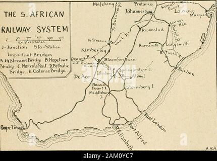 Batailles de la dix-neuvième siècle . Le chemin de fer fromPort Elizabeth, qui entre dans l'État libre d'byNervals Pont Pont sur la Rivière Orange, puis va au nord grâce à Bloemfontein (le capital) et l'ensemble de FreeState la Vaal à Johannes-burg et de Pretoria. Une troisième ligne de l'Est de Londres portof rejoint le railwayat l'État libre d'une jonction au nord de Norvals Pont et hasanother Elizabeth-Bloemfontein avec le Port de connexion par ligne un trait d'Middleburgin la Colonie du Cap, où la croix de ligne DeAar aussi entre en jeu. Middleburg est donc thechief ferroviaire au sud de l'OrangeRirer. La ligne Banque D'Images