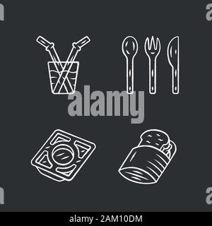 Cuisine zéro déchet chalk coutellerie icons set. Sac à sandwich réutilisable, verre paille. Bac en acier inoxydable vecteur illustration tableau isolé Illustration de Vecteur