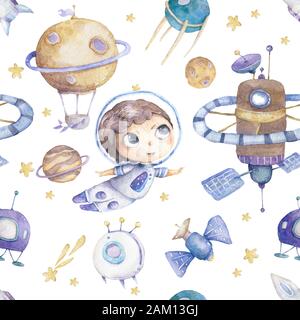 Mignonne garçon astronaute avec fusée et planètes arrière-plan modèle sans couture aquarelle colorée cosmique dessin animé d'enfant avec étoiles et ballon d'air Banque D'Images