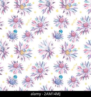 Belle fleur de cactus rose tendre avec planètes roses modèle sans couture, isolée sur fond blanc. Adorable motif fleurs roses colorées en aquarelle Banque D'Images