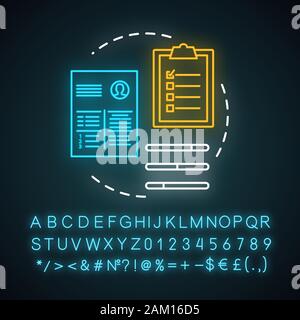 Les compétences propres au travail neon light concept icône. Le recrutement, l'embauche de l'entreprise. Entrevue d'emploi. Signe rougeoyant avec alphabet, chiffres et symboles. Hard skills Illustration de Vecteur