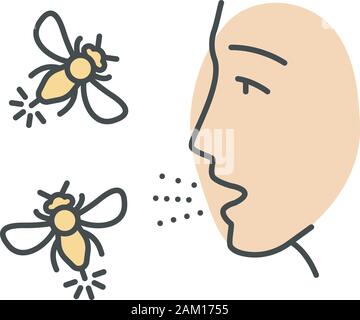 L'allergie aux piqûres d'icône de couleur. Hypersensibilité du système immunitaire. Visage humain et insectes volants. Allergique à des guêpes, frelons et abeilles Illustration de Vecteur