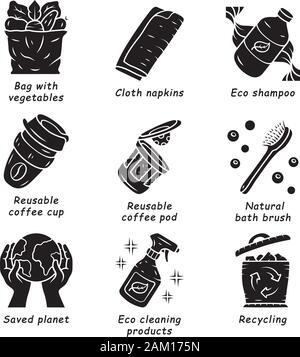 Swaps zéro déchet glyphe fait main icons set. Ecologique, produits, matériaux durable. Tasse à café réutilisable, shampoing eco brosse. Symbole de Silhouette. N Illustration de Vecteur