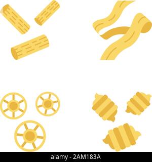 Types de nouilles pâtes modèle plat long shadow color icons set. Macaroni traditionnelle méditerranéenne. Rigatoni, pappardelle, rotelle, riccioli. L'Italien foo Illustration de Vecteur