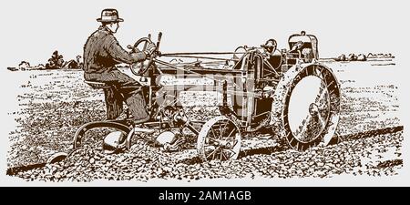 Agriculteur historique conduisant sa charrue tracteur dans un champ. Illustration après une gravure du début du xxe siècle Illustration de Vecteur