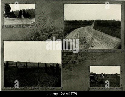 Vue historique de Gettysburg : illustrations en demi-ton de tous les monuments importants, vues et des endroits historiques sur la bataille de Gettysburg . e le artillerv a été amassé. Cette position est exactement en face du cimetière National et est considérablement plus élevé que la partie d'theConfederate ligne qui se trouve au sud. C'était un élégant, les artilleurs position protégée par le bois et par le mur de pierre qui longeait toute la face avant. La plupart des fusils sont pointés dans la direction de l'bosquet d'arbres le long de la ligne de l'Union européenne qui est à bonne portée, et suggèrent l'partthey plaved j Banque D'Images