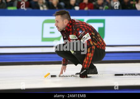 London, Ontario, Canada. 10 janvier, 2020. Deux jours de jeu et 6 nulles sont officiellement dans les livres. Il semble que les Européens sont trop pour Équipe Canada de prendre un 13-5 du plomb. Il y a encore beaucoup de gauche de curling comme première équipe à 30,5 points gagne. Équipe Canada John Epping, de Toronto (Ontario) fait partie de l'équipe de panne / Crédit : Luc Durda/Alamy Live News Banque D'Images