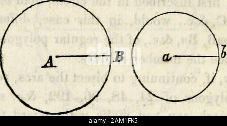 Une école primaire traité sur la géométrie : simplifié pour les débutants pas versé dans l'algèbre . f un plus grand nombre de côtés ; car, par continuingto la couper en deux arcs, et ainsi d'augmenter le nombre d'ofsides inscrit les polygones, les arcs sous-tendus bythese côtés croître de plus en plus près de l'autre eux-mêmes, et enfin la différence entre eux sera arrivé imperceptible. Q. Et quelle conclusion pouvez-vous respectingthe ichole maintenant tirer circonférence d'un cercle ? Qu A. la circonférence d'un cercle diffère très littlefrom la somme de tous les côtés d'une poly-gon inscrit régulier d'un grand num Banque D'Images
