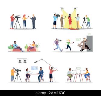 Médias Télévision illustrations vector set. L'industrie de la presse, de la télévision. Les journalistes, les correspondants, les présentateurs de télévision, opérateurs vidéo personnages de dessins animés. Illustration de Vecteur