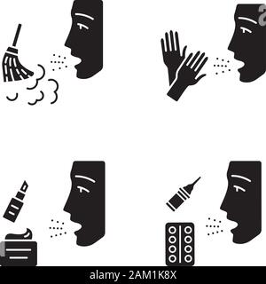 Glyphe d'allergies icons set. Sources d'allergènes, le traitement des symptômes. La poussière, latex, sensibilité esthétique, ces médicaments. Les maladies allergiques. Les soins de santé. Illustration de Vecteur