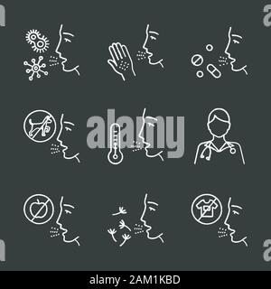 Chalk Allergies icons set. Contact, de l'alimentation, les maladies respiratoires. Sources d'allergènes. Le diagnostic et la médication. Hypersensibilité du système immunitaire. Medical Illustration de Vecteur