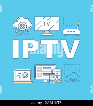 Concepts mot turquoise IPTV bannière. Présentation, site web. Plat fort, Télévision sur protocole Internet, multimédia le suivi. Typographie lettrage isolés idée avec Illustration de Vecteur