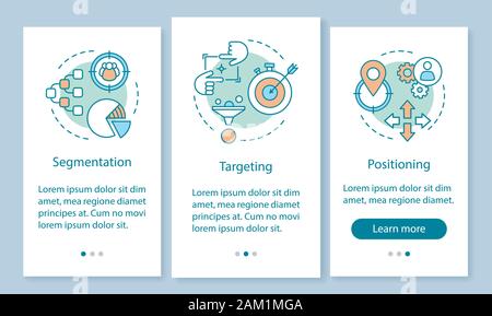 Application mobile intégration STP la page écran avec des concepts linéaires. Stratégie de marché. Segmentation, ciblage, positionnement graphique étapes walkthrough instructio Illustration de Vecteur