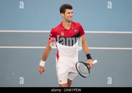 Sydney, Australie. 11Th Jan, 2020. Novak Djokovic la Serbie au cours de la demi-finale de la Coupe de l'ATP 2020 à l'Arène Ken Rosewall, Sydney, Australie, le 11 janvier 2020. Photo de Peter Dovgan. Credit : UK Sports Photos Ltd/Alamy Live News Banque D'Images