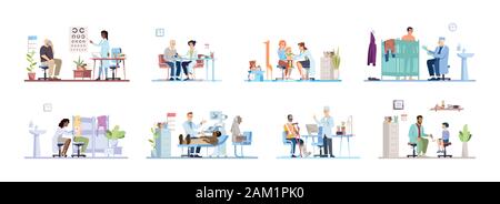 La clinique visite télévision illustrations vectorielles. Médecins, patients personnages isolés sur fond blanc. Examen médical. Ophtalmologiste, le cardi Illustration de Vecteur