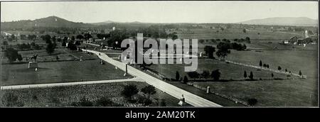 Vue historique de Gettysburg : illustrations en demi-ton de tous les monuments importants, vues et des endroits historiques sur la bataille de Gettysburg . nal des fusils qui ont précipité l'mostterrific duel d'artillerie de la guerre, peut-être le plus tellement jamais entendu par l'homme mortel. Près de 3 hundredcannon envoyé leurs missiles de la mort, l'air était aux prises avec un sifflement et une explosion shot shell. Thefire des canons confédérés était centré sur la position générale Hancocks, l'Union du centre gauche, le intentionbeing à démoraliser cette position à l'avance de l'infanterie. Environ trois heures le peloton d'être Banque D'Images