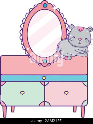 Chat mignon assis sur meubles tiroirs et miroir sur fond blanc vector illustration Illustration de Vecteur