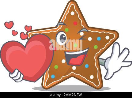 Drôle Visage de l'étoile de pain d'épices personnage de dessin animé tenant un coeur Illustration de Vecteur