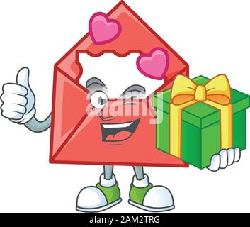 Lettre d'amour Smiley personnage avec boîte-cadeau Illustration de Vecteur