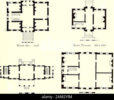 L'architecture intérieure des colonies américaines et de la République au début . Kenmore, Fredericksburg, Virginia Brice house, Annapolis Figure 49. Maisons avec un hall d'escalier élargi afin d'un côté des espaces e résultats t sont déséquilibrées. À la Chase house, où la course est inférieur à l'atterrissage centraland divise, les escaliers sont mis en relation avec le hall d'équilibré. Un certain nombre de maisons coloniales ont une salle avec la partie avant considéré comme un prix,les escaliers dans un espace plus petit et séparé à l'arrière (figure 47). Au début de cette exemples, tels que le Palais des Gouverneurs à Williamsburg, et Stenton, sont de beaucoup de 76 T Banque D'Images