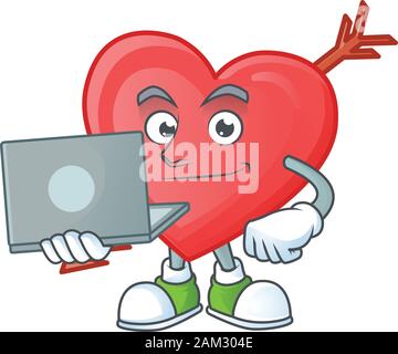 Un savant personnage mascotte flèche amour travail avec ordinateur portable Illustration de Vecteur
