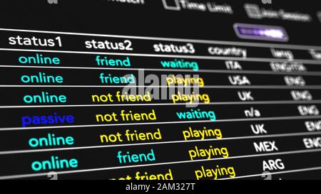 Jeu vidéo MultiPlayer Fiction Display Simulation Illustration L'écran montre les fonctionnalités multijoueur en ligne qui sont affichées sur la recherche et Banque D'Images
