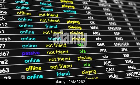 Jeu vidéo MultiPlayer Fiction Display Simulation Illustration L'écran montre les fonctionnalités multijoueur en ligne qui sont affichées sur la recherche et Banque D'Images