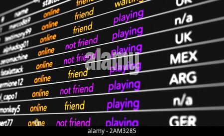 Jeu vidéo MultiPlayer Fiction Display Simulation Illustration L'écran montre les fonctionnalités multijoueur en ligne qui sont affichées sur la recherche et Banque D'Images
