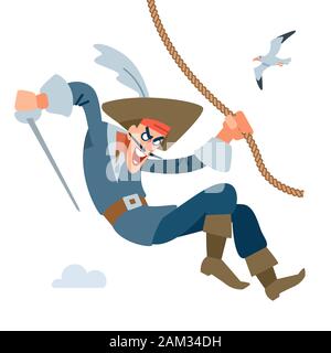 Le personnage est un capitaine pirate. Attaques de pirates d'en haut accroché à la corde. Vector cartoon illustration plate.. Illustration de Vecteur