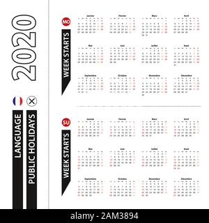 Deux versions de calendrier 2020 en français, la semaine commence à partir de lundi et la semaine commence à partir de dimanche. Modèle de scénario. Illustration de Vecteur