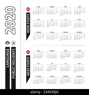 Deux versions de calendrier 2020 en serbe, la semaine commence à partir de lundi et la semaine commence à partir de dimanche. Modèle de scénario. Illustration de Vecteur