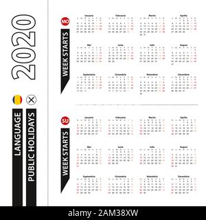 Deux versions de calendrier 2020 en roumain, la semaine commence à partir de lundi et la semaine commence à partir de dimanche. Modèle de scénario. Illustration de Vecteur