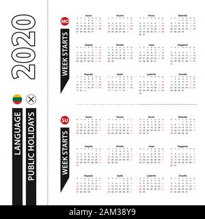 Deux versions de calendrier 2020 en lituanien, la semaine commence à partir de lundi et la semaine commence à partir de dimanche. Modèle de scénario. Illustration de Vecteur