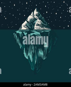Iceberg dans l'océan. Un grand morceau de glacier flottant dans le nord de l'eau. Gravé à la main vintage esquisse pour emblème, site web logo, t-shirt. Isolé Illustration de Vecteur