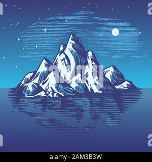Iceberg dans l'océan. Un grand morceau de glacier flottant dans le nord de l'eau. Gravé à la main vintage esquisse pour emblème, site web logo, t-shirt. Isolé Illustration de Vecteur