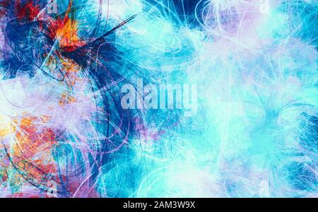 Arrière-plan peint numérique. Diverses éclaboussures de peinture dans les tons orange et bleu. Motif multicolore. Décor abstrait Banque D'Images