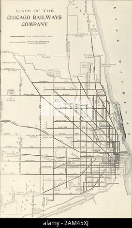 La chronique de commercial et financier . MAPShowing les lignes de tramway de la VILLE DE CHICAGO OK Lignes OperatingExtensions Railway Co. a autorisé 26 trains [Vol. lxxxxii. Lignes de l'RAILWAYSCOMPANY HOMILtON CHICAGO ST.. 10 févr., 1911, les tramways électriques 27 Ry. en établissant quatre zones de transfert est fourni, mais dans trois des thesesones transferts gratuits ne peuvent être contraints à moins que le bénéfice net pour precedingyear ont été égale à 5  % de l'investissement et la part de l'entreprise bénéfice thenet représente 1 M  % supplémentaire. Propertyon ville peuvent acheter le 1er février ou le 1 août d'une année sur six mois jt n Banque D'Images