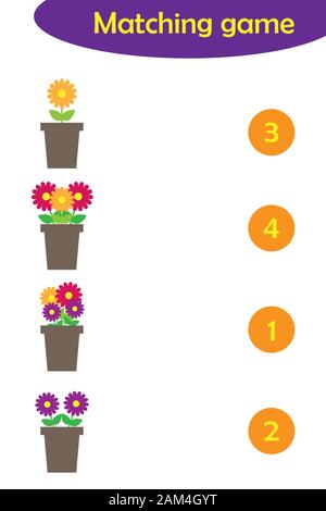 Jeu de mathématiques avec des fleurs en pots pour les enfants, niveau facile, de l'éducation game pour enfants d'âge préscolaire, de l'activité Feuille de tâche, pour le développement de la logique Illustration de Vecteur