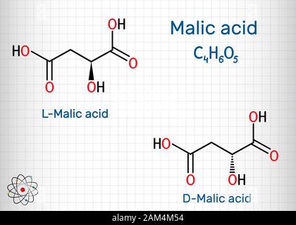 L'acide malique, formes stéréoisomères D- et L-malique molécule. Formule chimique du squelette. Feuille de papier dans une cage.Vector illustration Illustration de Vecteur