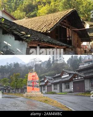 (200111) -- CHANGSHA, 11 janvier 2020 (Xinhua) -- photo montre le Combo immobilier où les villageois vivaient avant de déplacer le 9 août, 2018 (up) en Pinglang Village et le site de relocalisation dans Pinglang Village de Saint Paul Ville de Xiangxi préfecture autonome tujia et miao de la Chine centrale, la province du Hunan, le 7 janvier 2020. La famille de Mei Xiang a secoué la pauvreté et commencé une nouvelle vie puisqu'ils déplacé hors de la zone montagneuse et réinstallées dans nouvelle résidence avec de meilleurs milieux naturels et les conditions de vie au village Pinglang déménagement local au cours des programmes pour les villageois pauvres à la fin de 2017. Banque D'Images