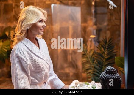 Smiling Pretty woman debout dans une salle de bains Banque D'Images