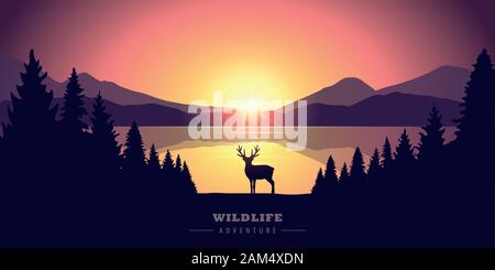 L'aventure de la faune le wapiti dans le désert par le lac au coucher du soleil illustration vecteur EPS10 Illustration de Vecteur