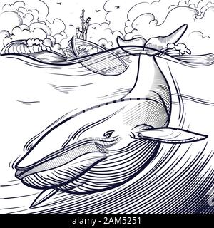 Baleine bleue traquée par les baleiniers old time book style illustration ligne Illustration de Vecteur